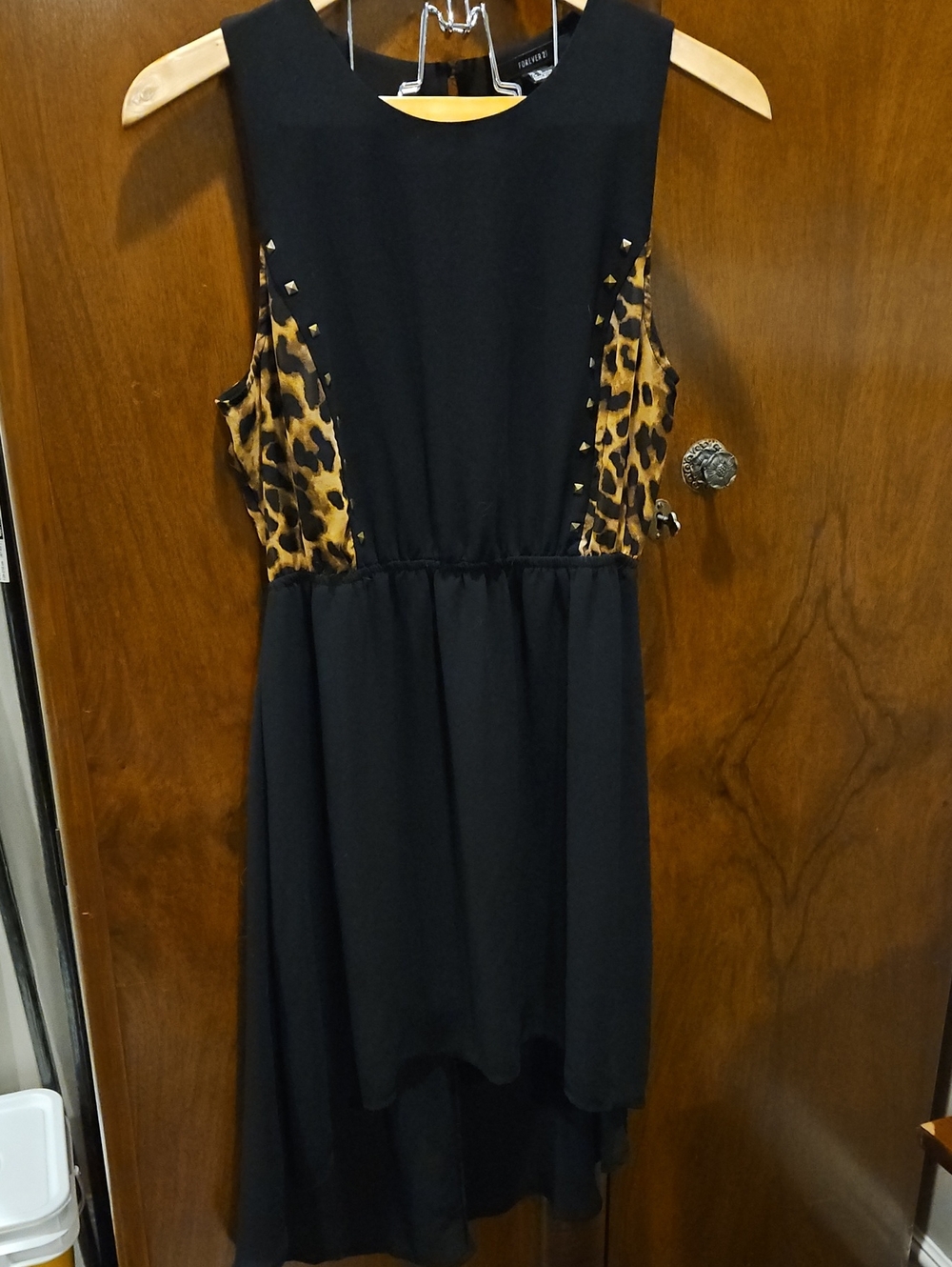 Women's Black Sleeveless Dress With Leopard Print Accents - Size M